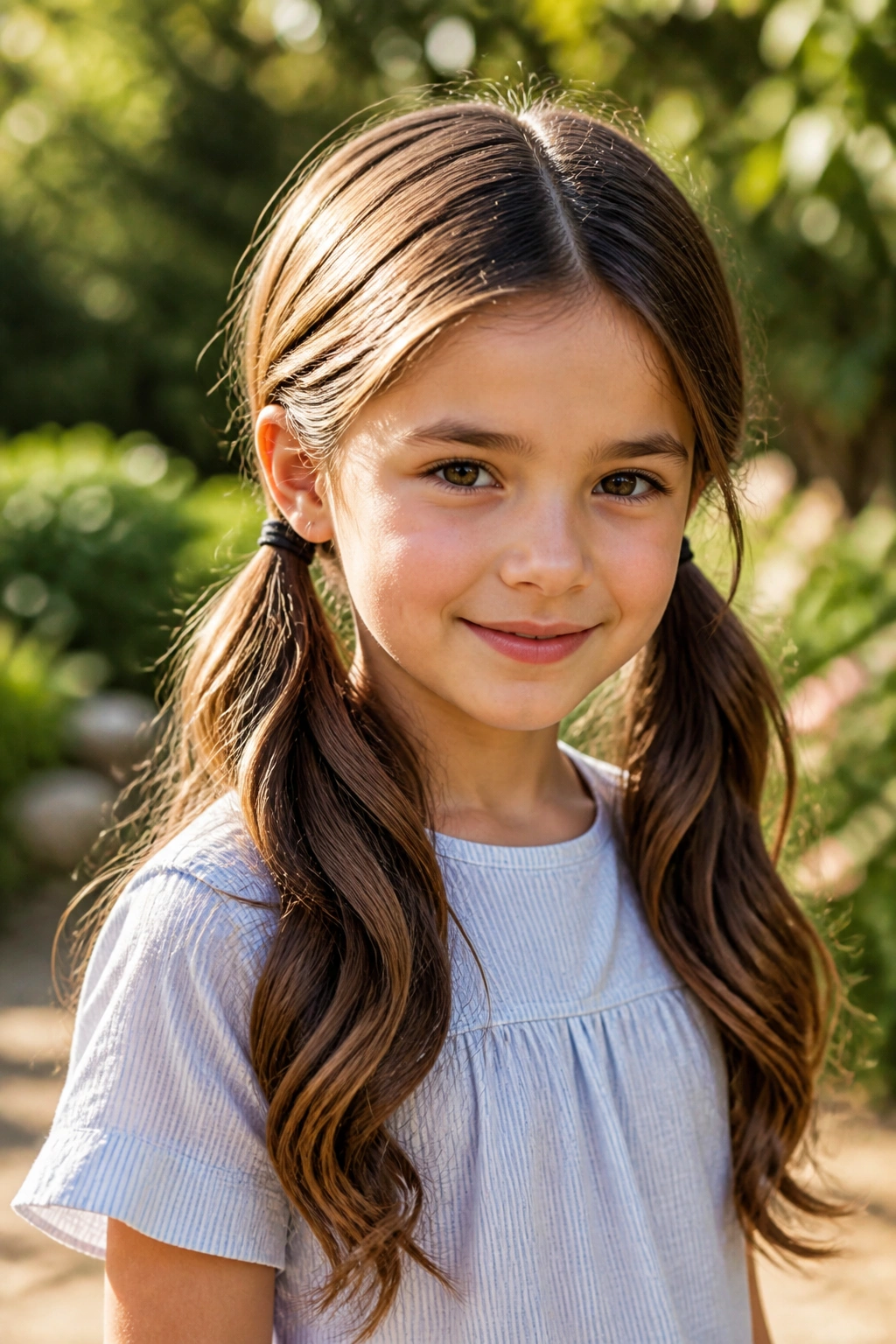 Real girl with low pigtails and soft waves in a sunlit garden