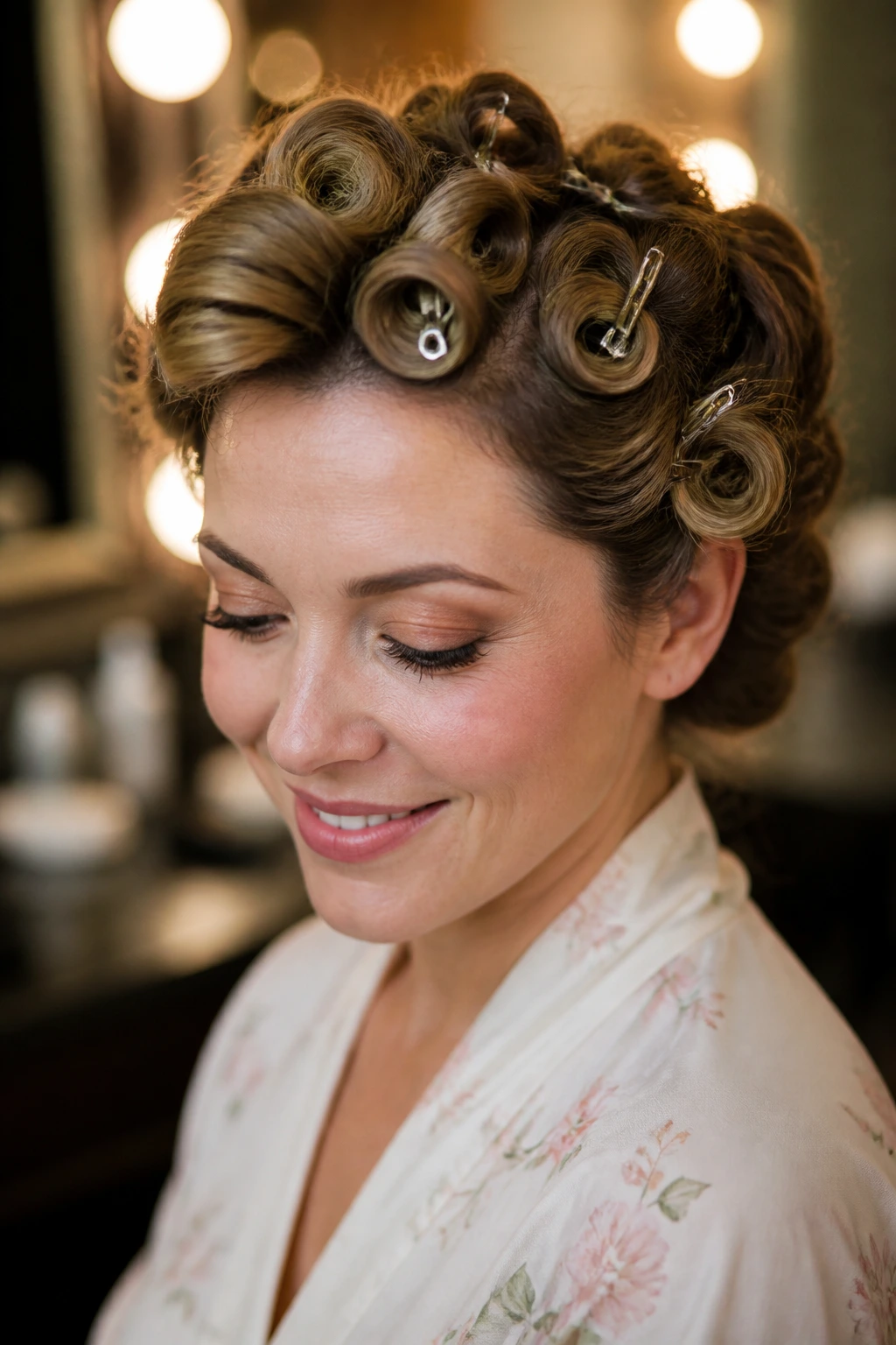 Close-up of a real person with pinned pin curls for soft volume
