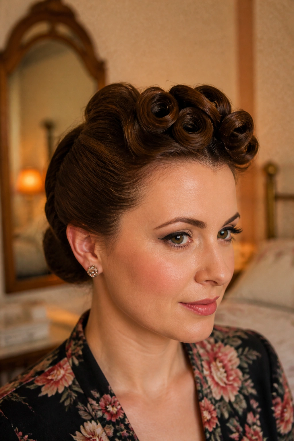 Close-up of a woman with vintage pin-curled roll on short hair