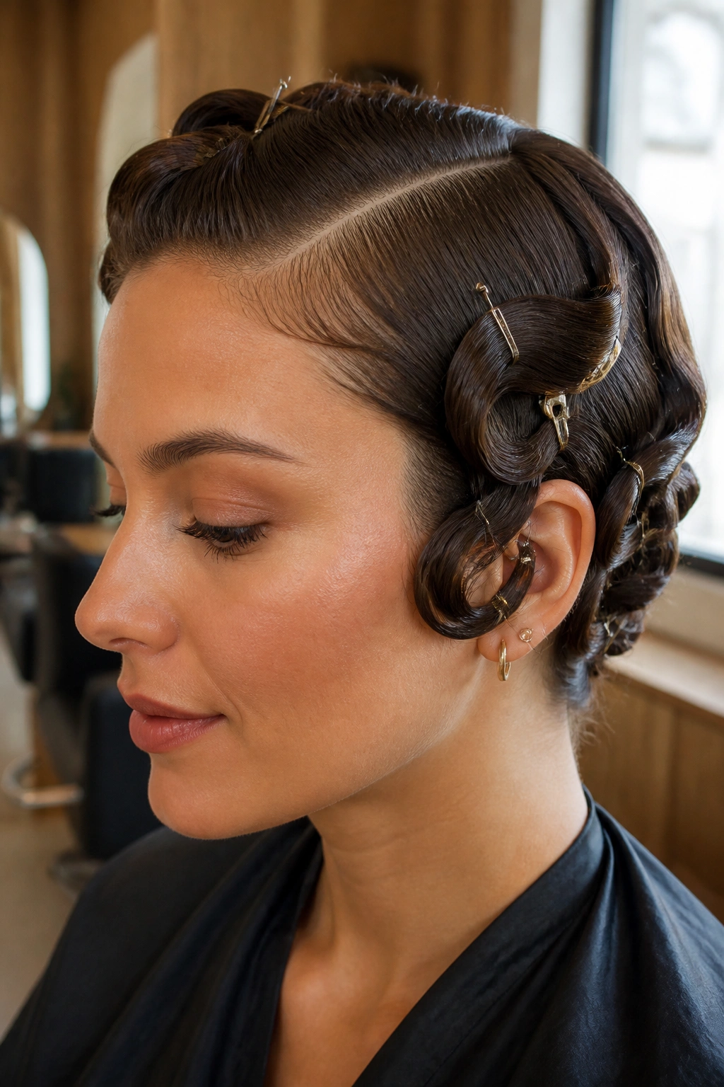 Close-up of pin-curved waves sculpting the hair along the head on a real person