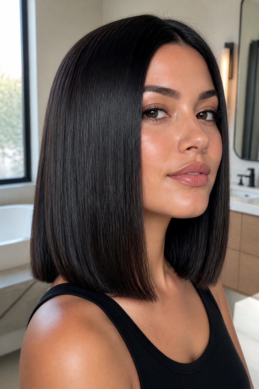 Close-up portrait of a real woman with a glossy pin-straight lob hairstyle in bright window light