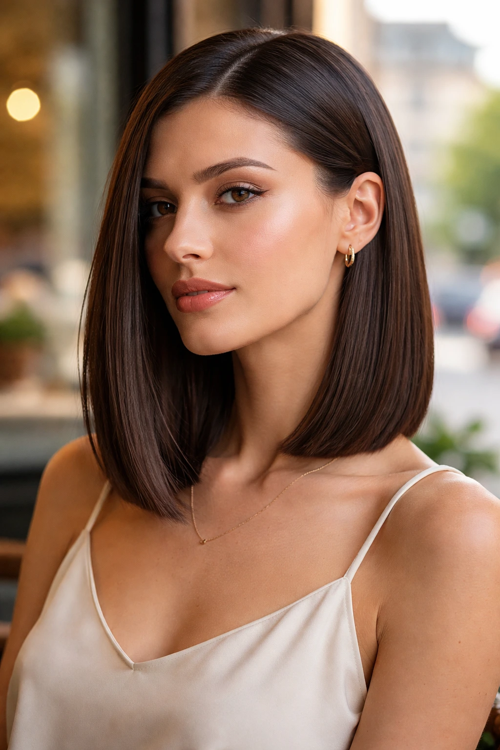 Close-up of a real woman with a pin-straight lob and tucked behind-ear detail in warm cafe light