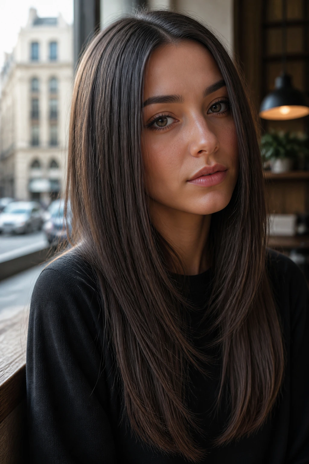Close-up portrait of pin-straight hair with precise layers