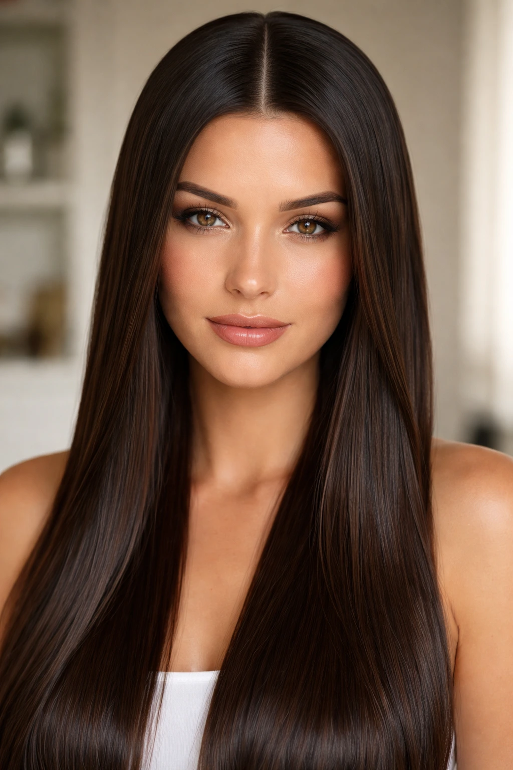 Close-up of a real woman with a perfectly straight middle part and glossy hair