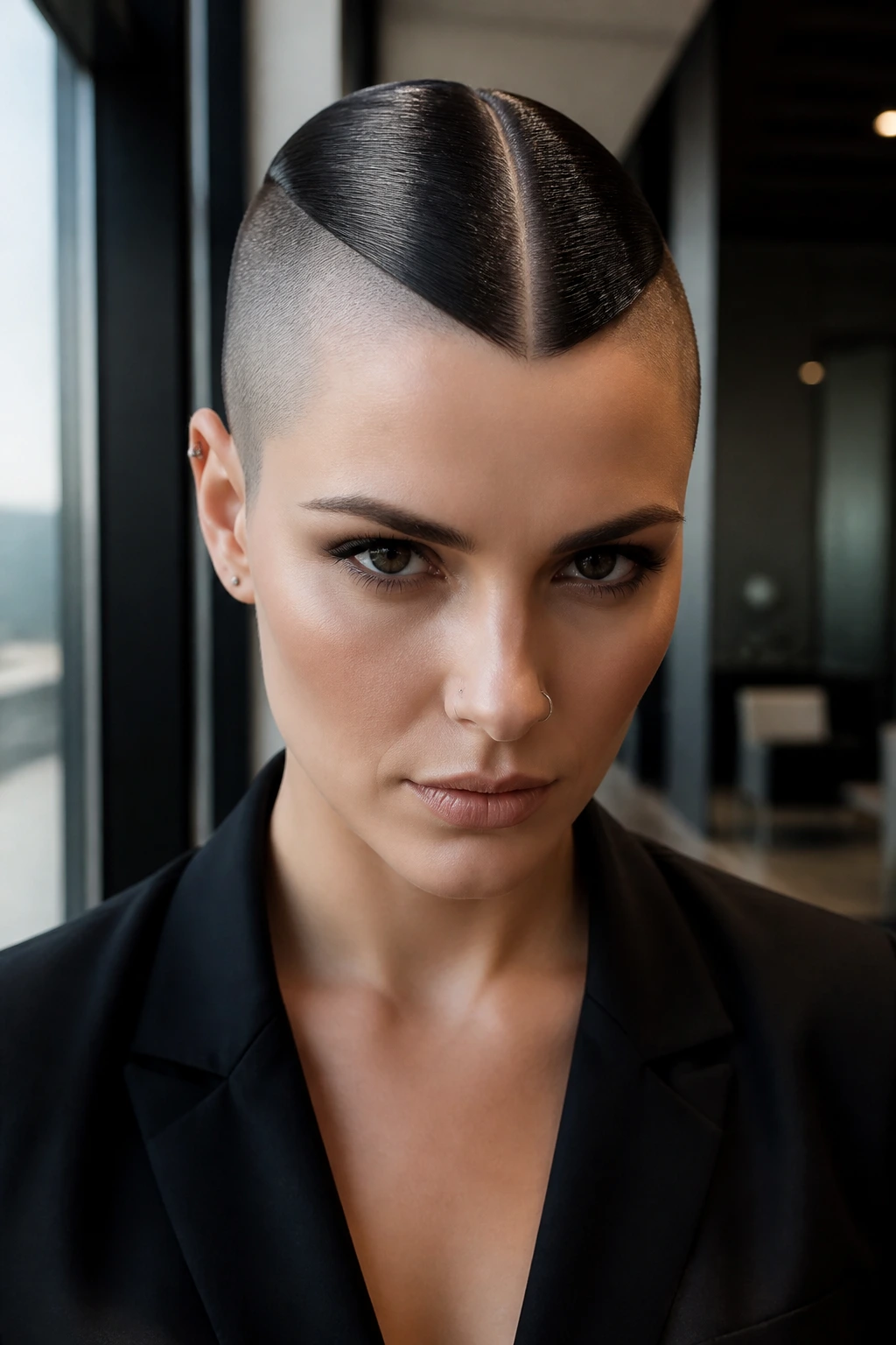 Close-up of a real person with pin-straight center strip and shaved sides