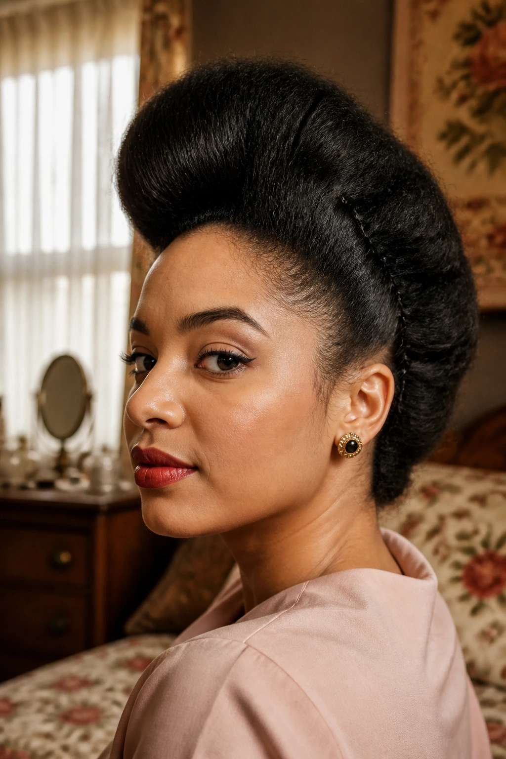 Close-up portrait of a real woman wearing a Classic Pin-Up Frohawk with a tall ridge