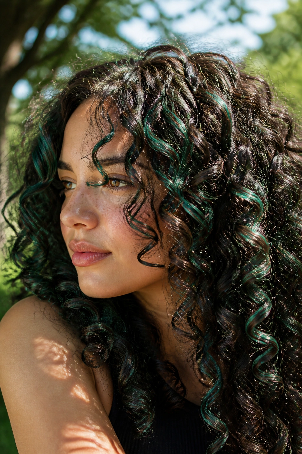 Close-up of curly hair with pine green chunky highlights