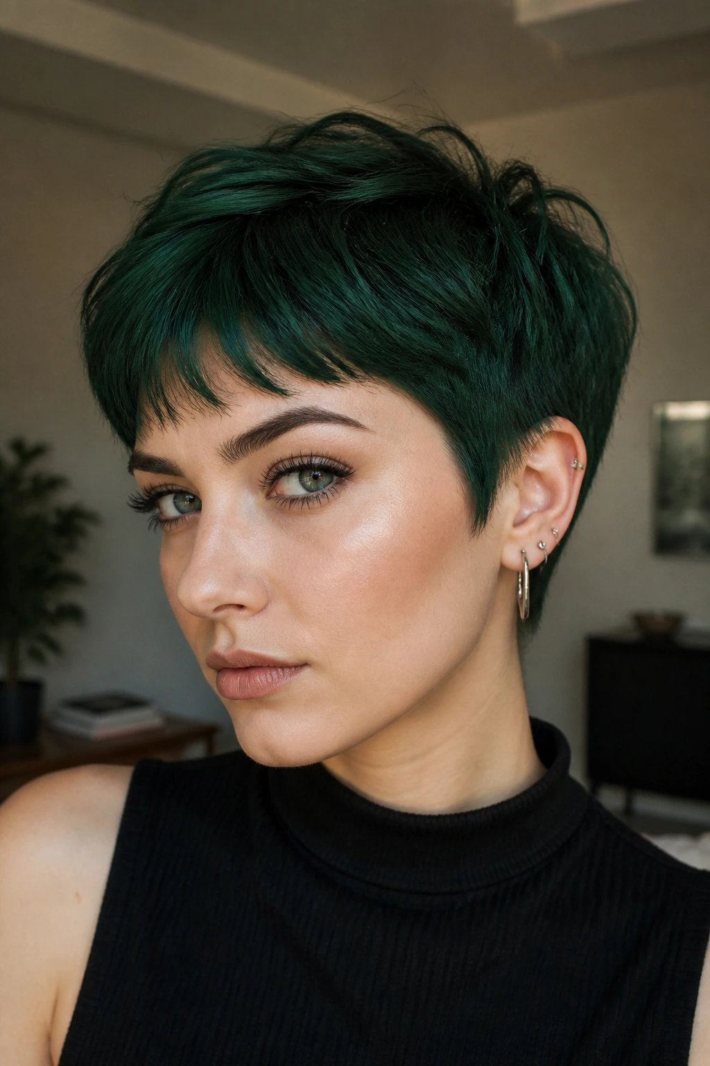 Close-up of real person with pine-green pixie cut