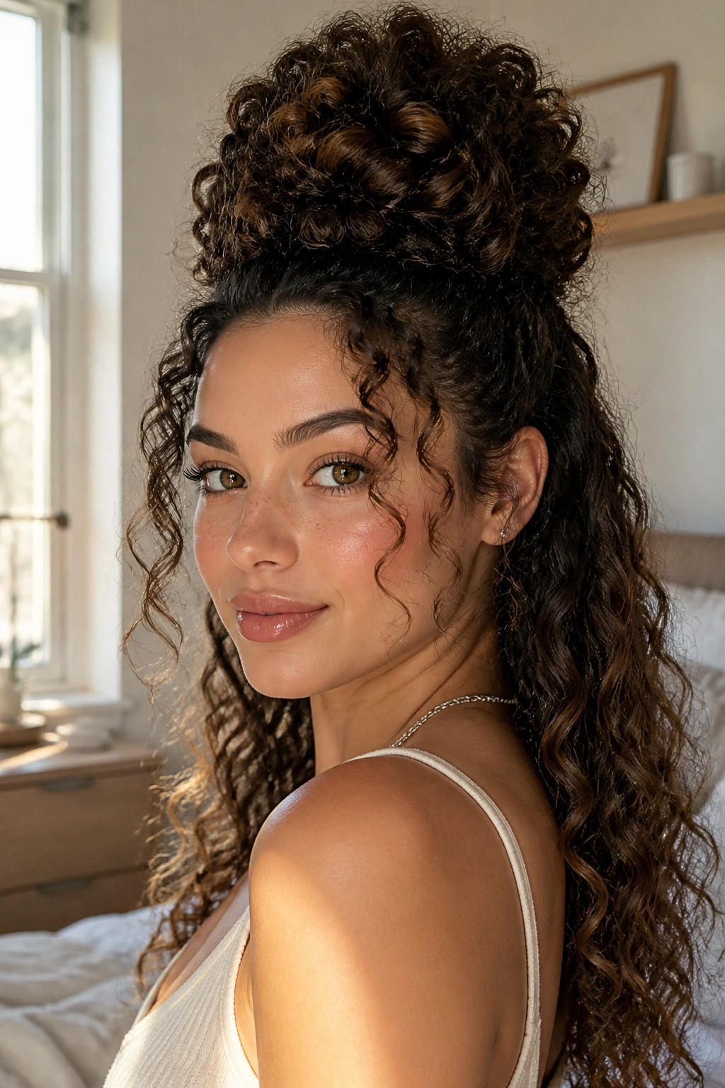 Close-up portrait of a real woman with a pineapple-inspired high crown style in warm window light