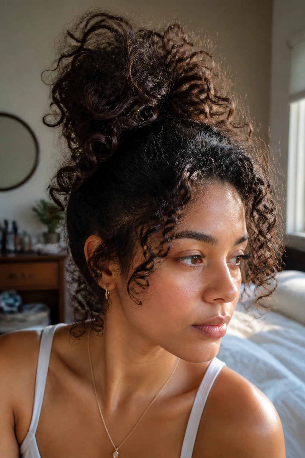 Close-up of pineapple hairstyle with fluffed roots on a real person