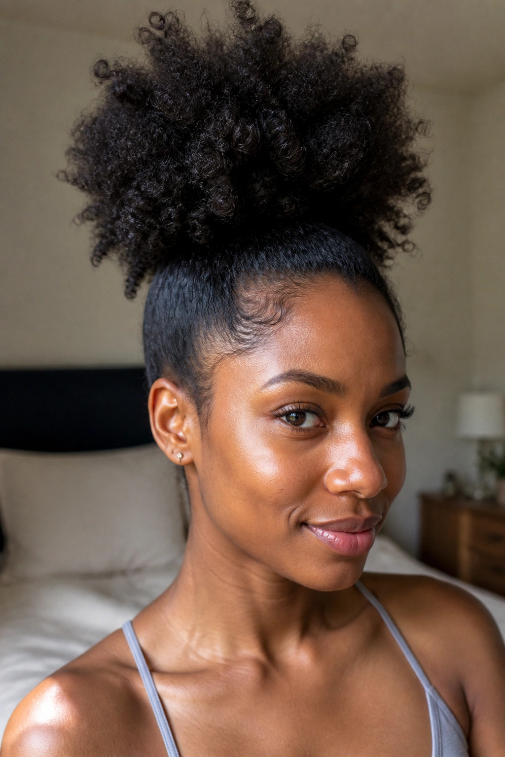 Real person with pineapple puff hairstyle in a cozy bedroom