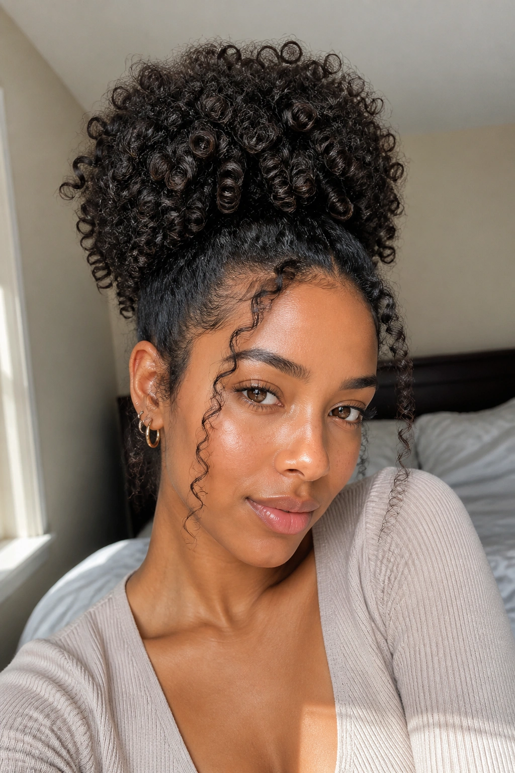 Close-up of a real woman with a high pineapple puff and soft front pieces