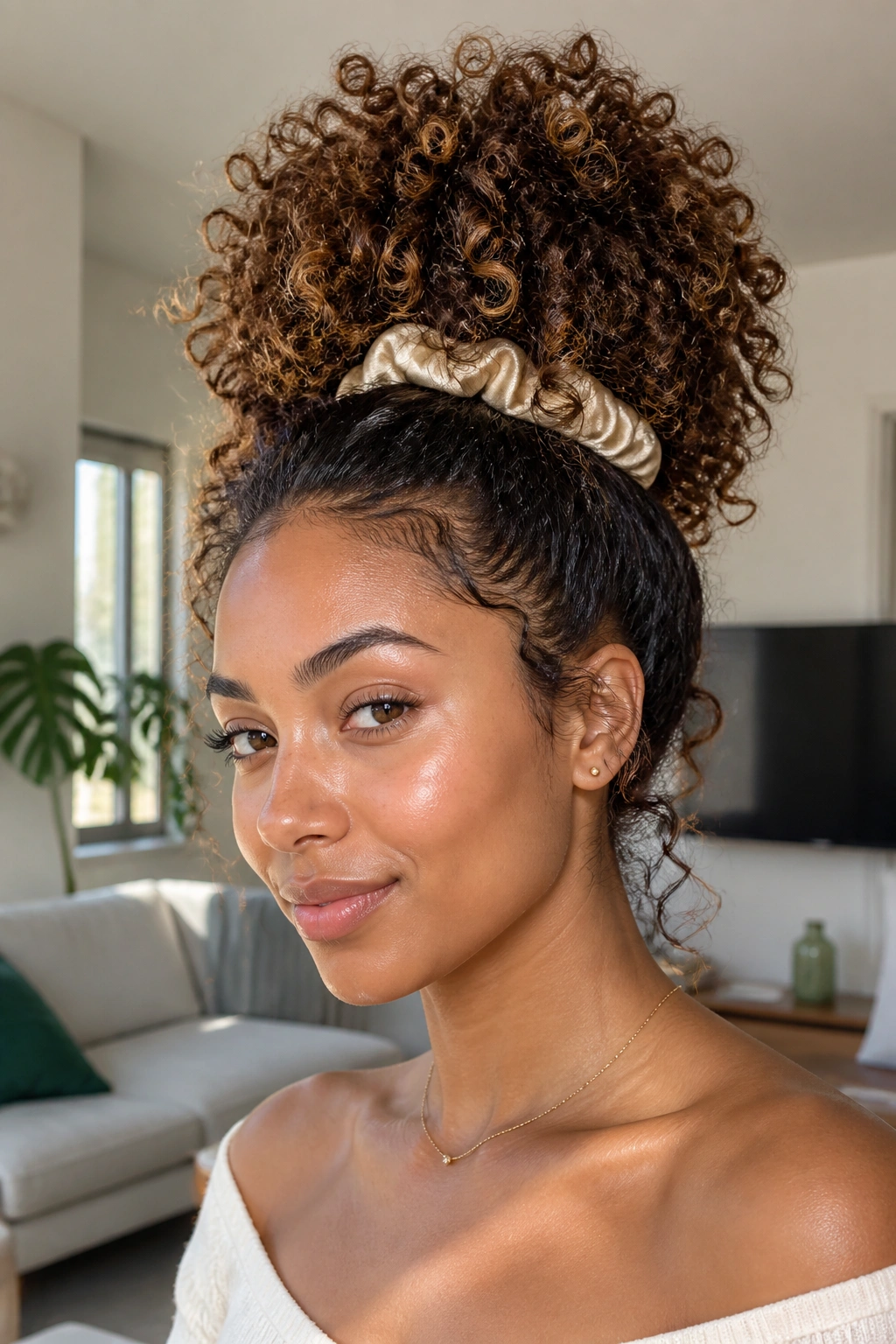 Woman with high pineapple puff hairstyle in bright room