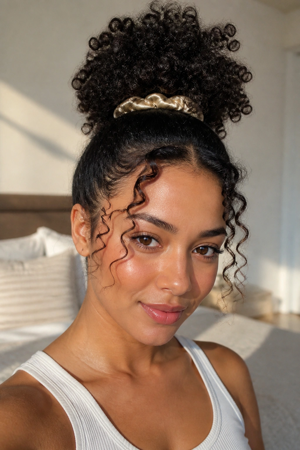 Close-up of a person with a high pineapple puff and curled tendrils framing the face.
