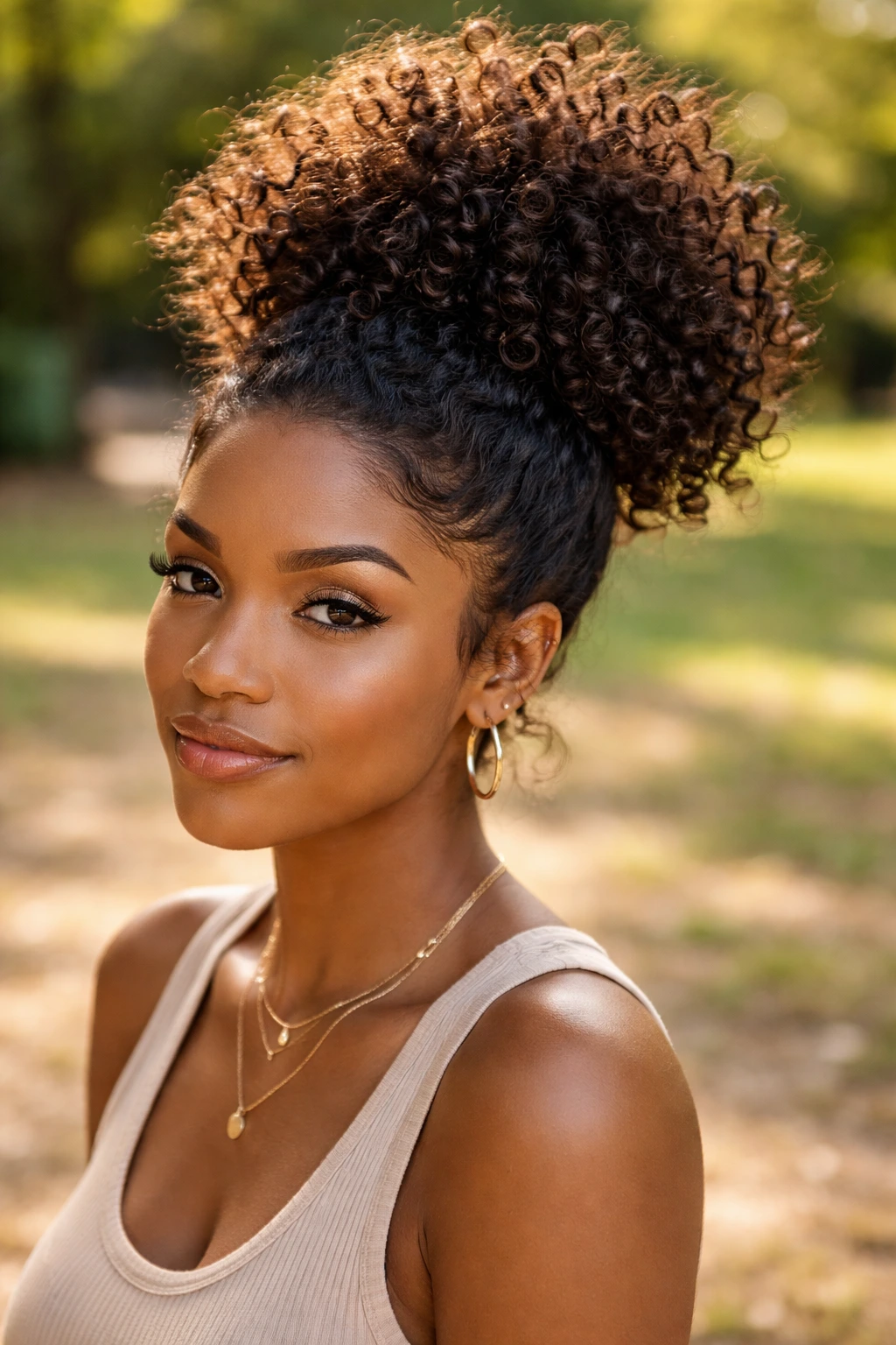 Close-up of a real woman's high pineapple puff hairstyle in natural light