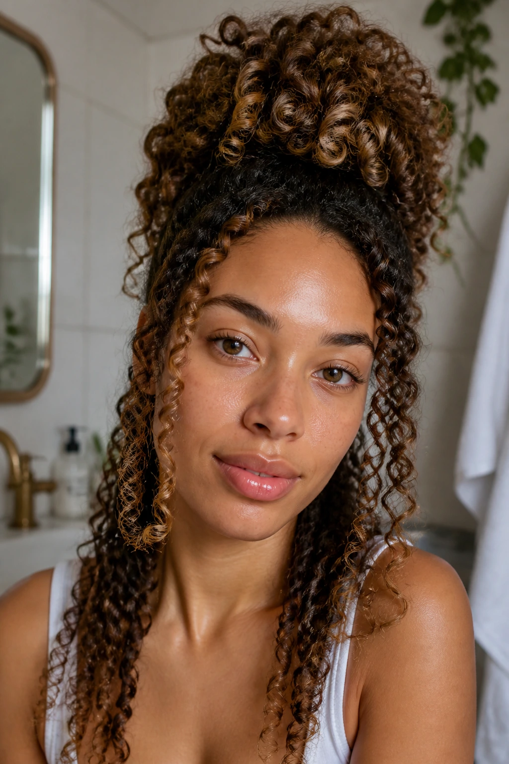 Close-up of a real person with a high pineapple puff for day-old curls.