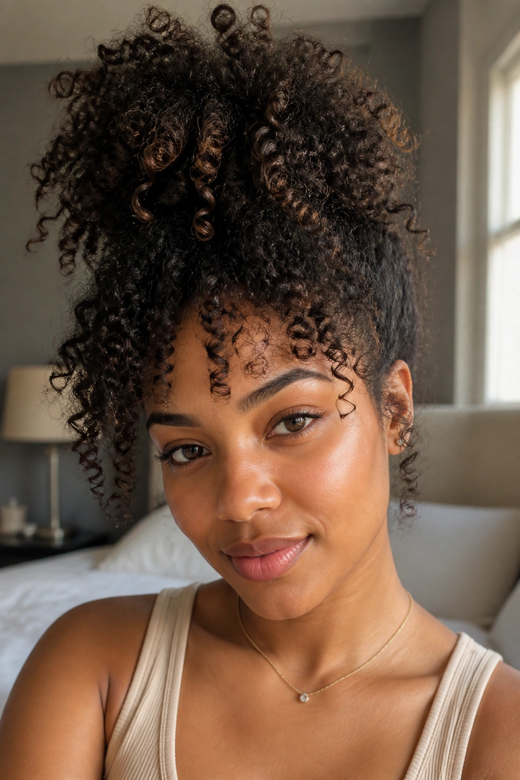 Close-up of a real person with a high pineapple updo and curled strands near the forehead