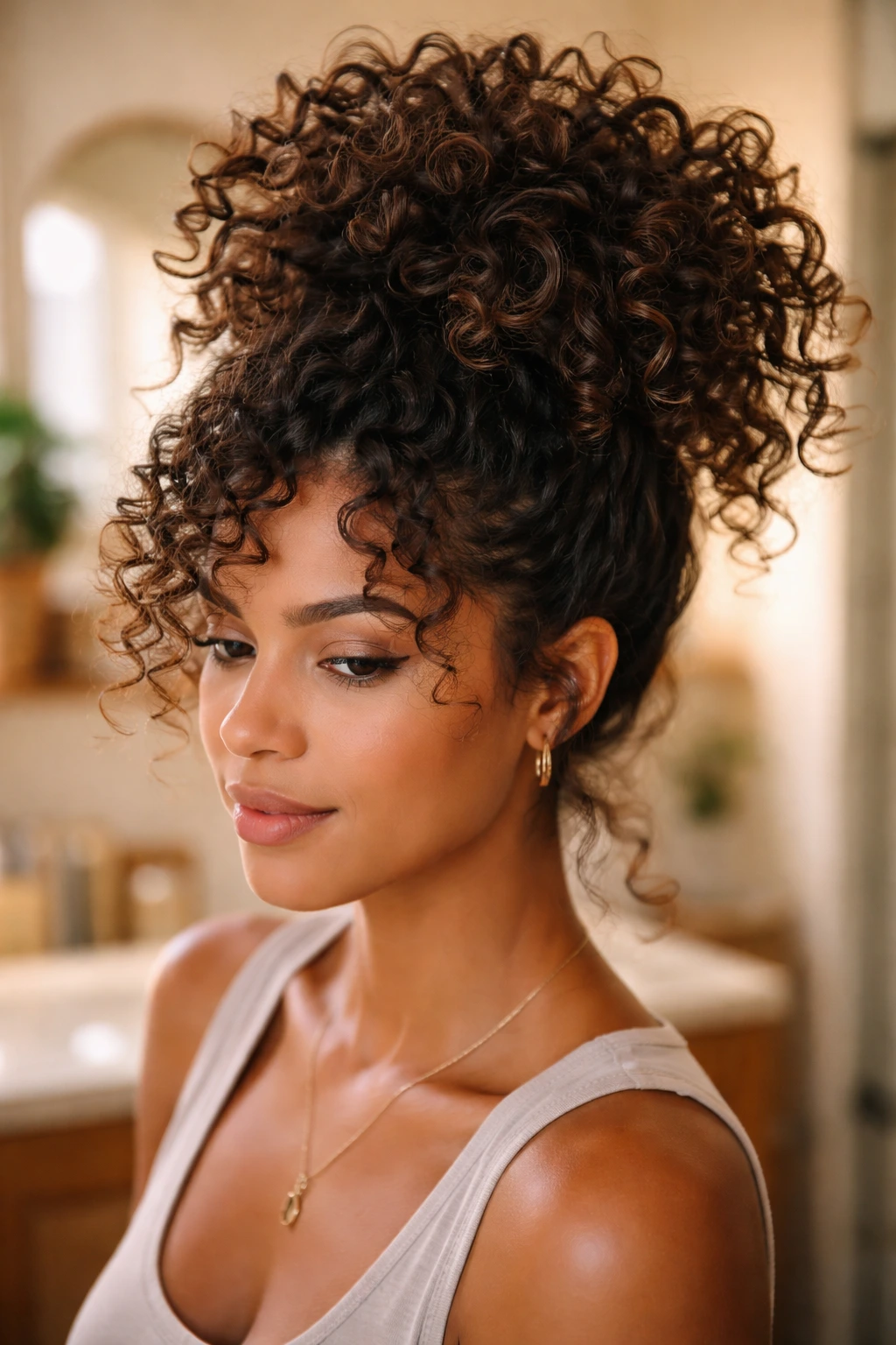 Close-up of a woman with a pineapple updo and big second-day curls spilling forward.