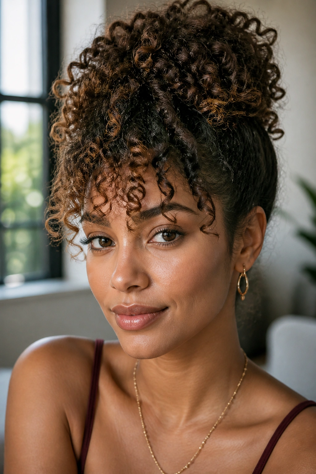 Close-up portrait of a real woman with a pineapple updo