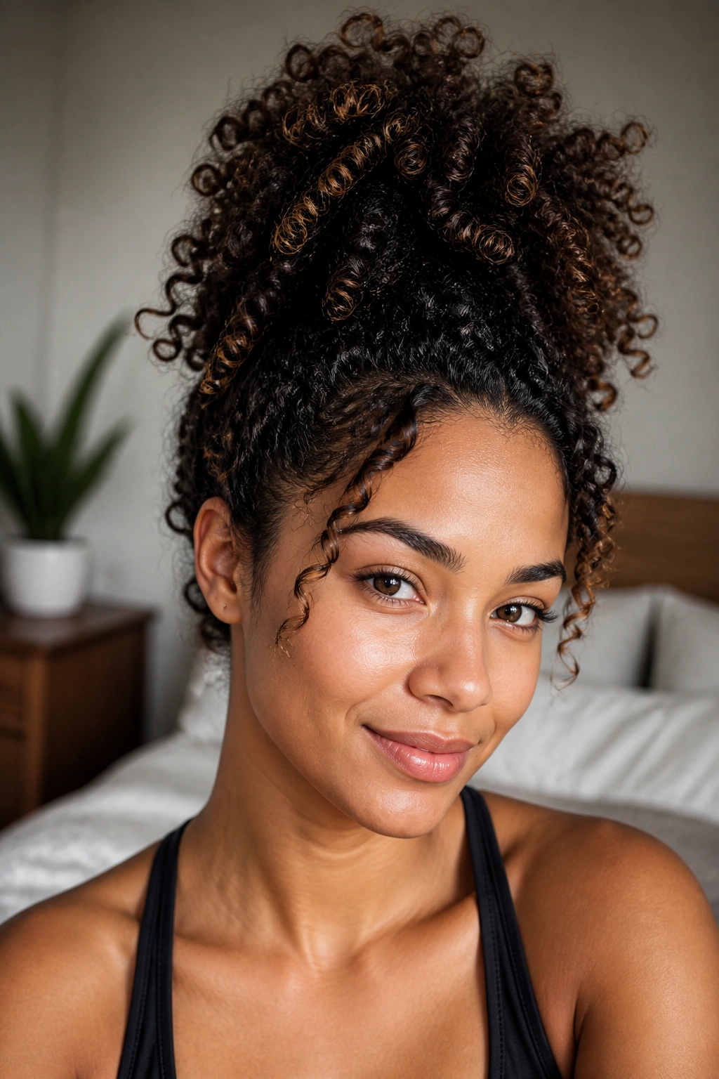 Close-up of a real woman with a pineapple updo for day two curls