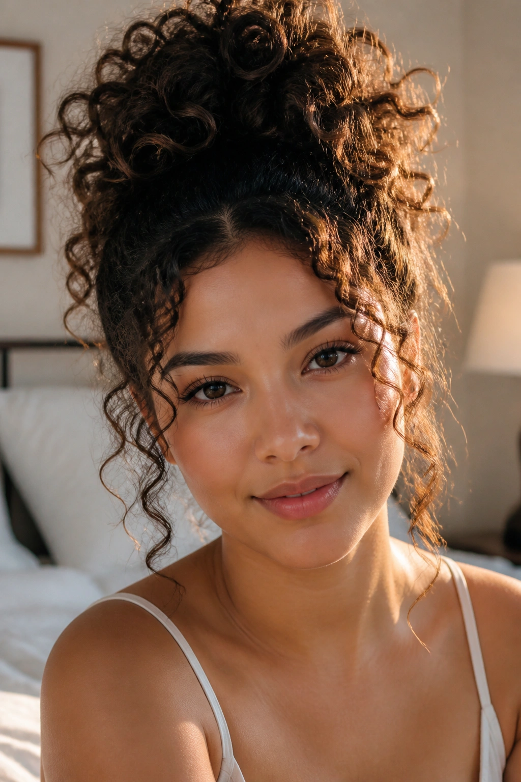 Close-up of a real woman with a pineapple updo and face-framing tendrils in warm bedroom light.