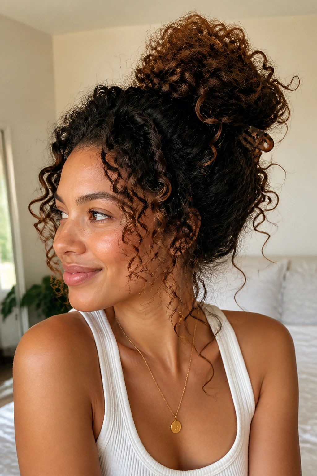 Close-up of a loose pineapple updo on a real woman in natural daylight.