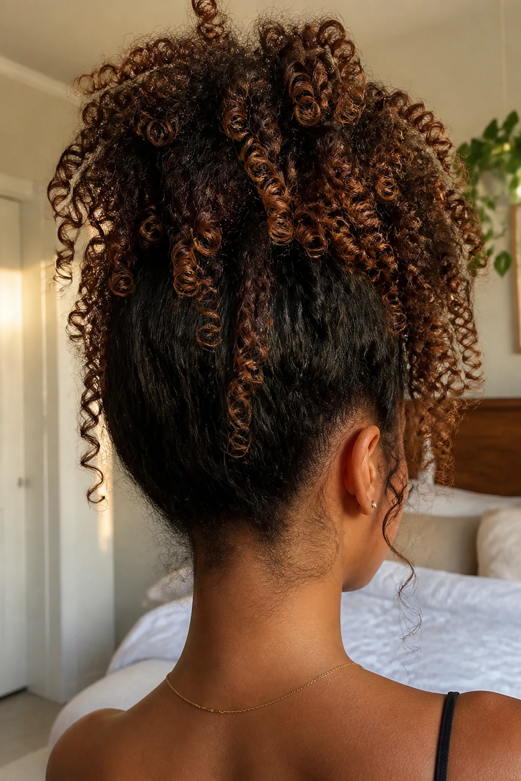 Back-of-head portrait of a real woman with a pineapple updo