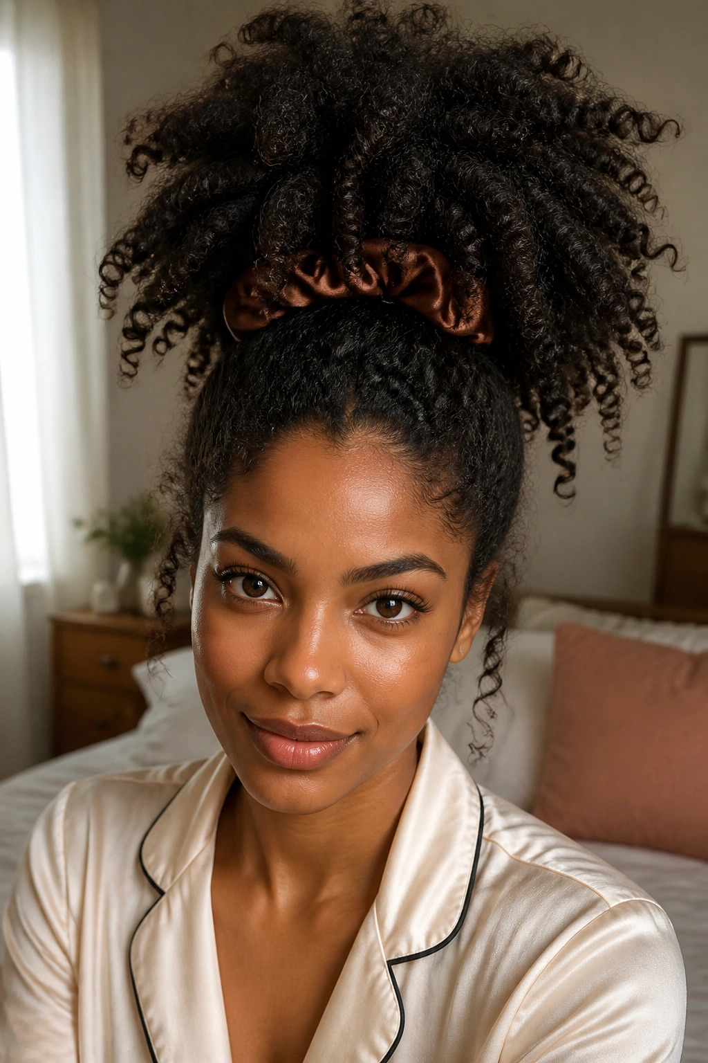 Close-up of a real woman with a pineapple updo in a bedroom setting, showcasing thick natural hair