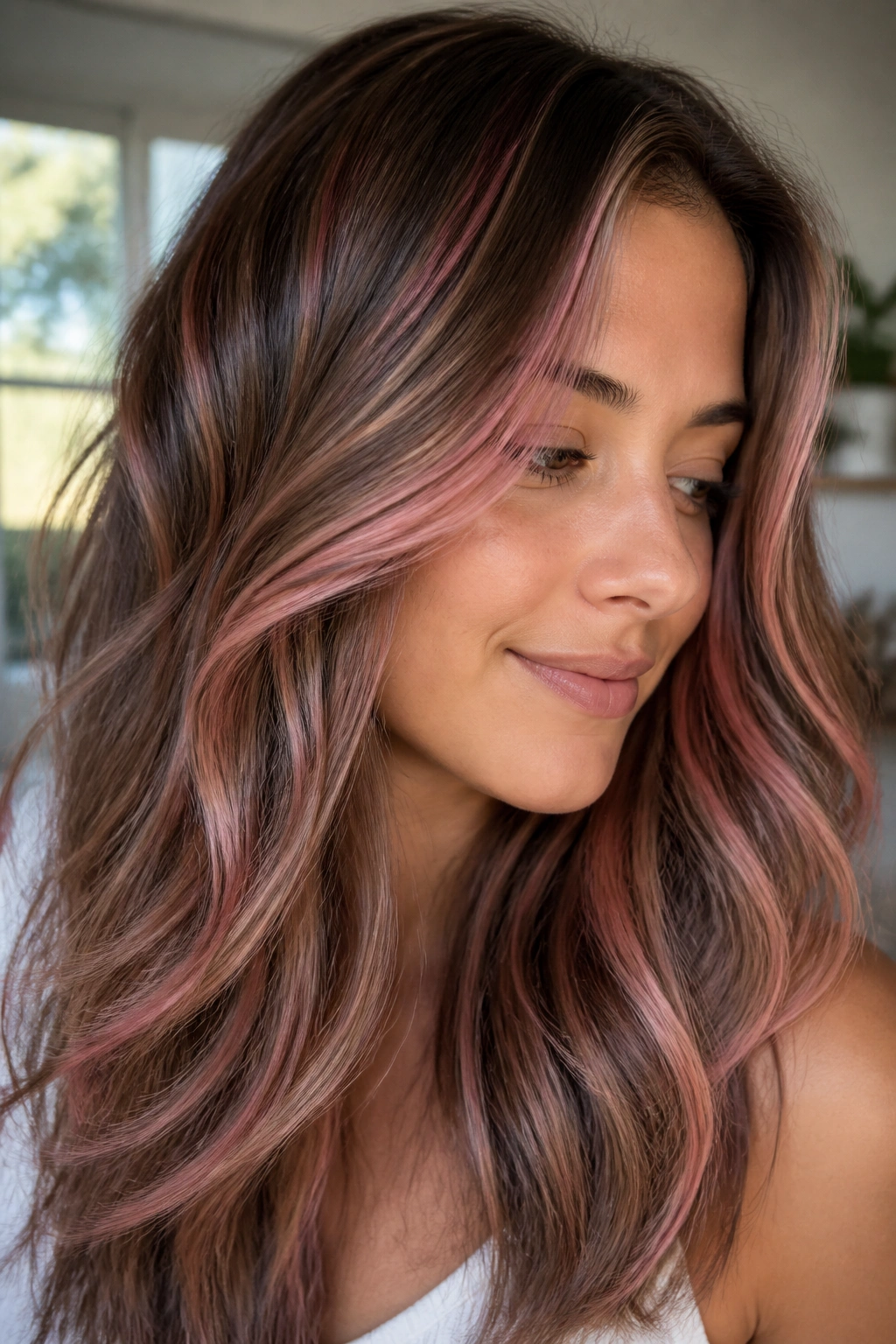 Close-up brunette with subtle pink babylights around the face in natural window light