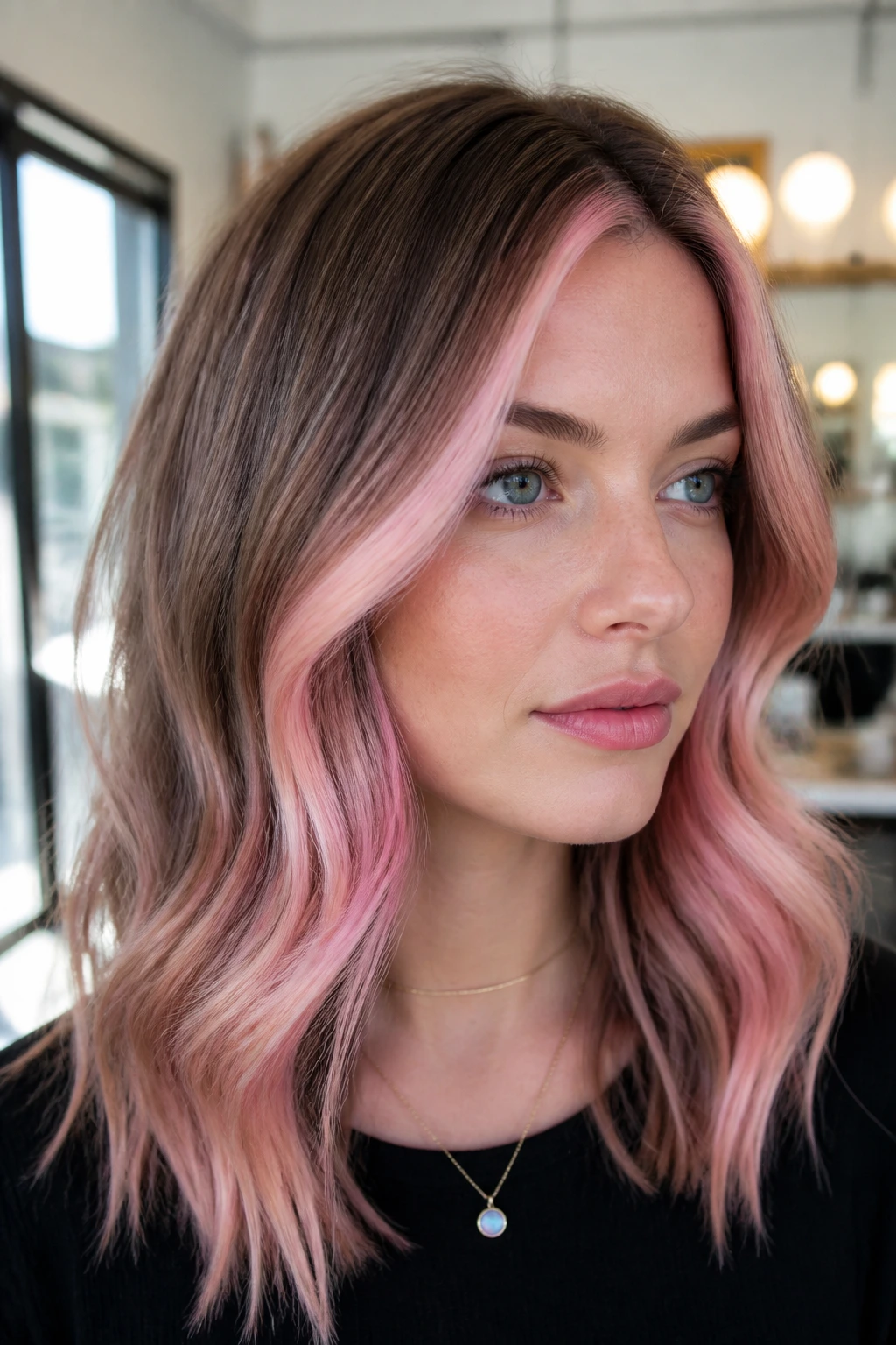 Portrait of a person with pink balayage highlighting the face
