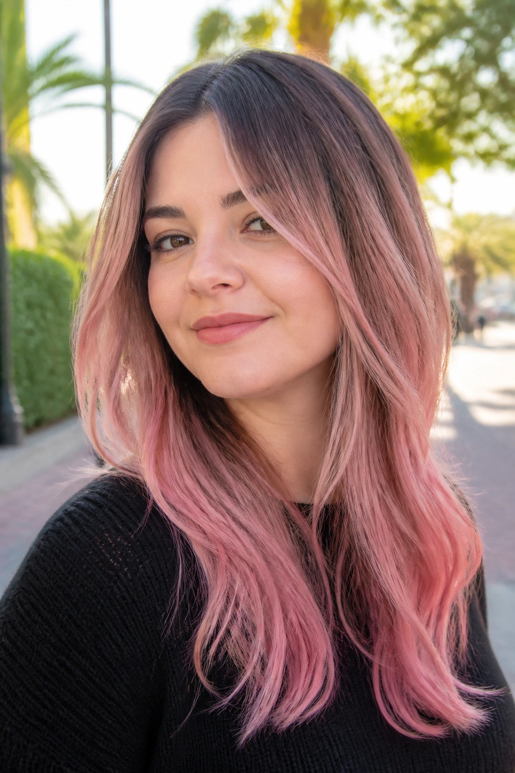 Close-up of a real woman with pink balayage and long layers in an outdoor sunlit setting