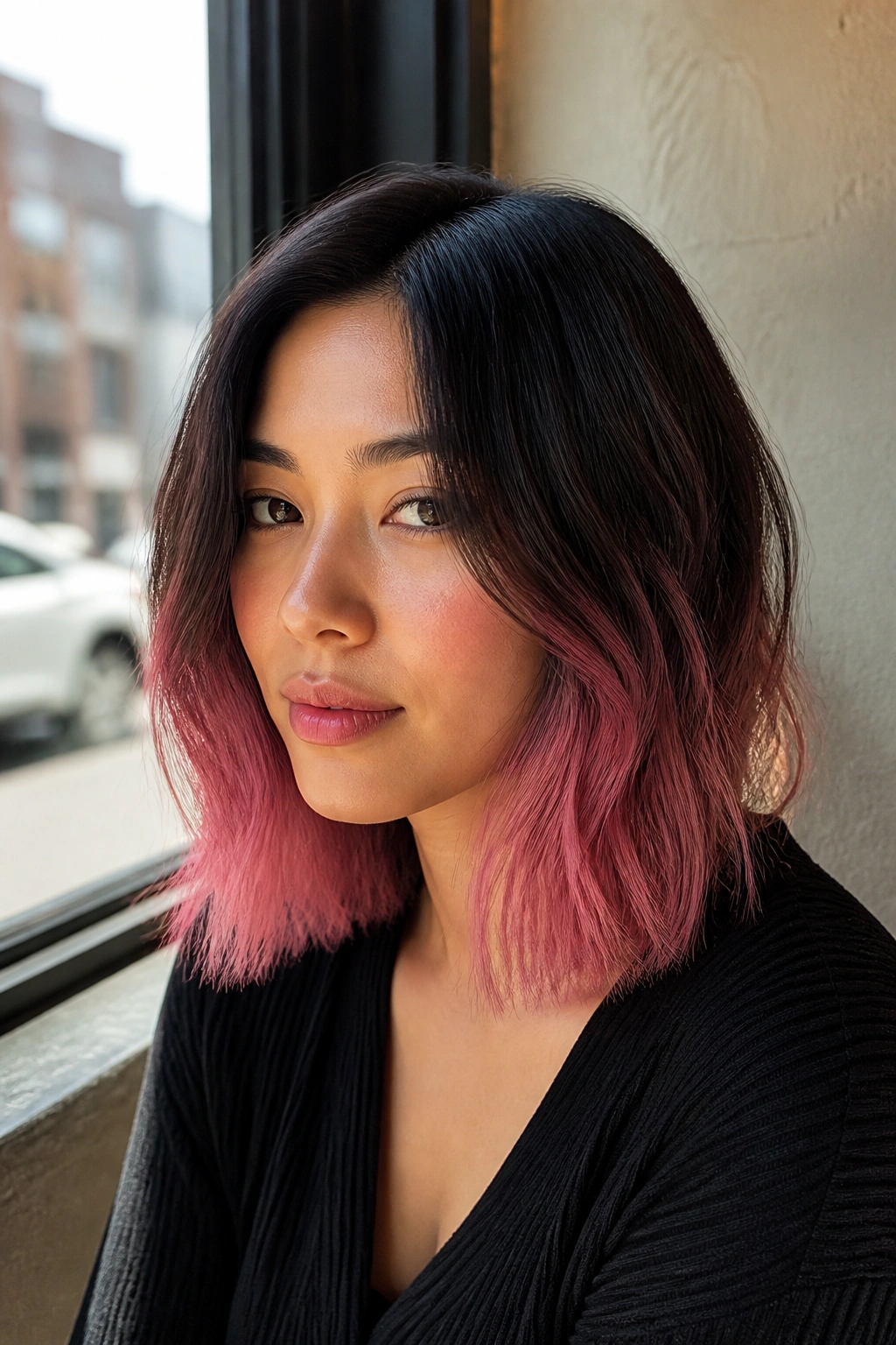 Close-up of a woman with pink-to-black ombré on a lob.
