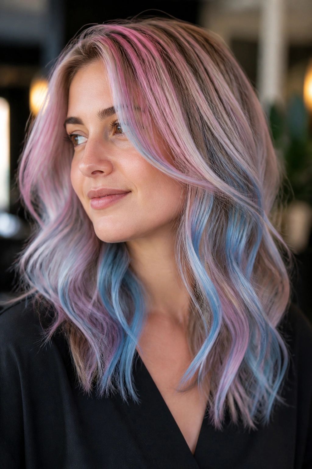 Portrait of a woman with pink and blue ribbon highlights in hair.