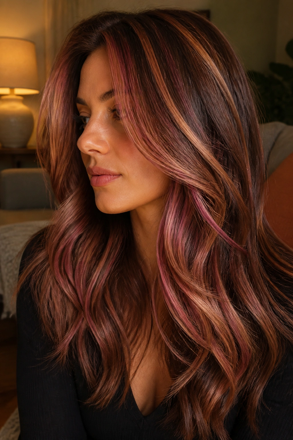 Real woman with pink and caramel dimension in layered brown hair under warm dim light