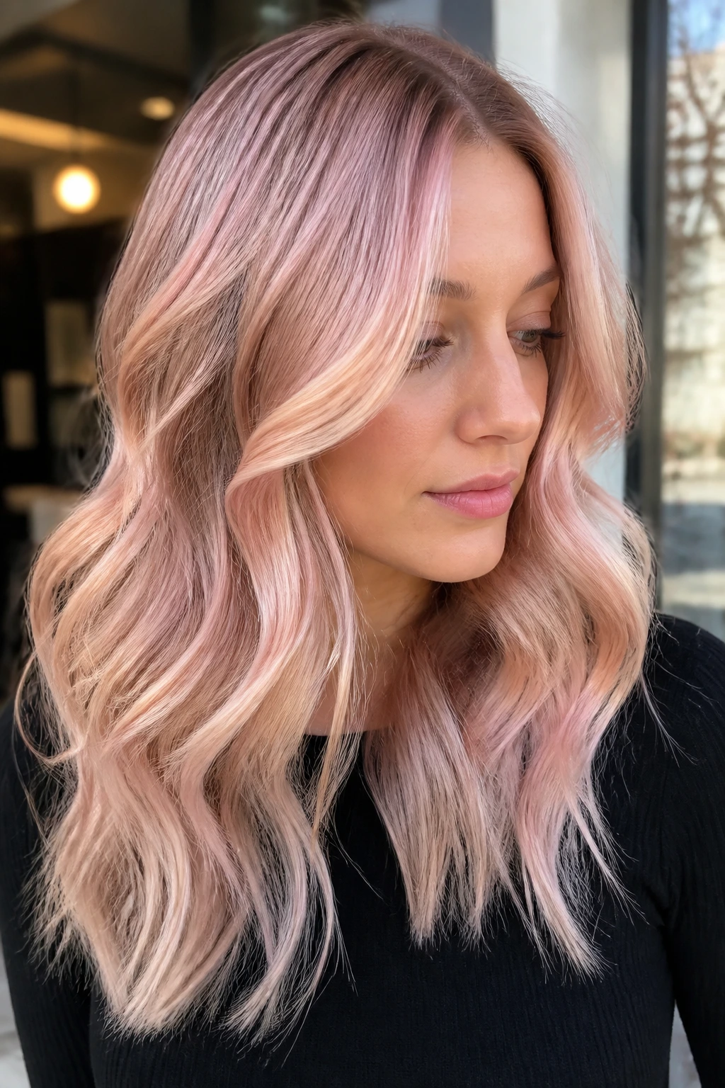 Hair with pink champagne balayage through mids and ends in natural light