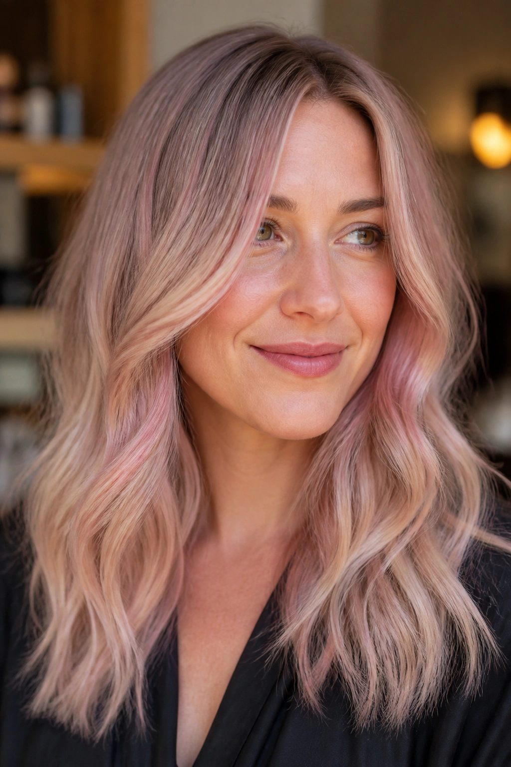 Close-up portrait of a woman with pink champagne balayage on beige blonde hair
