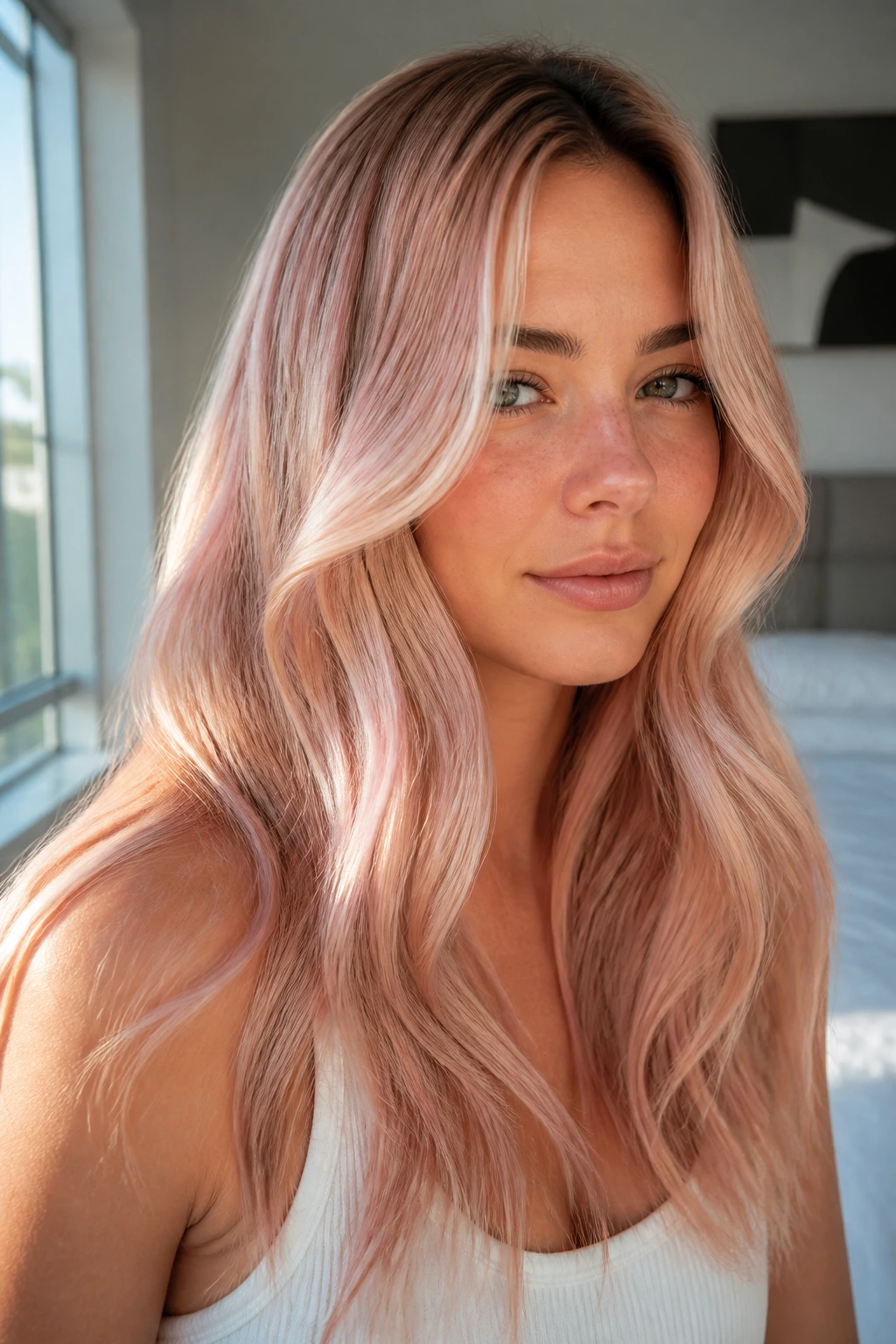 Portrait of a woman with pink champagne gloss over beige blonde hair.