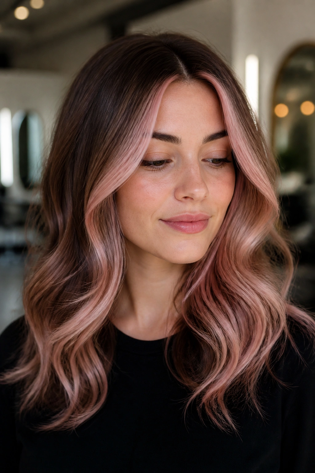 Close-up portrait of a real woman with pink champagne face-framing highlights