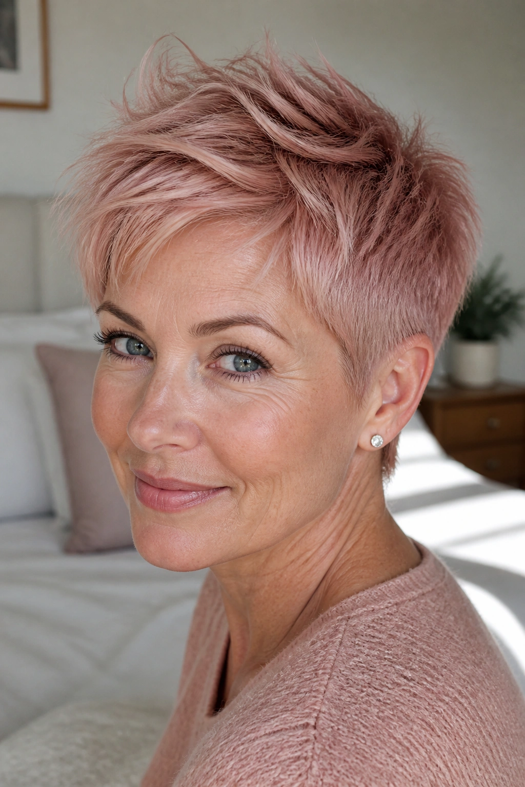 Real woman with pink champagne textured pixie in bright bedroom