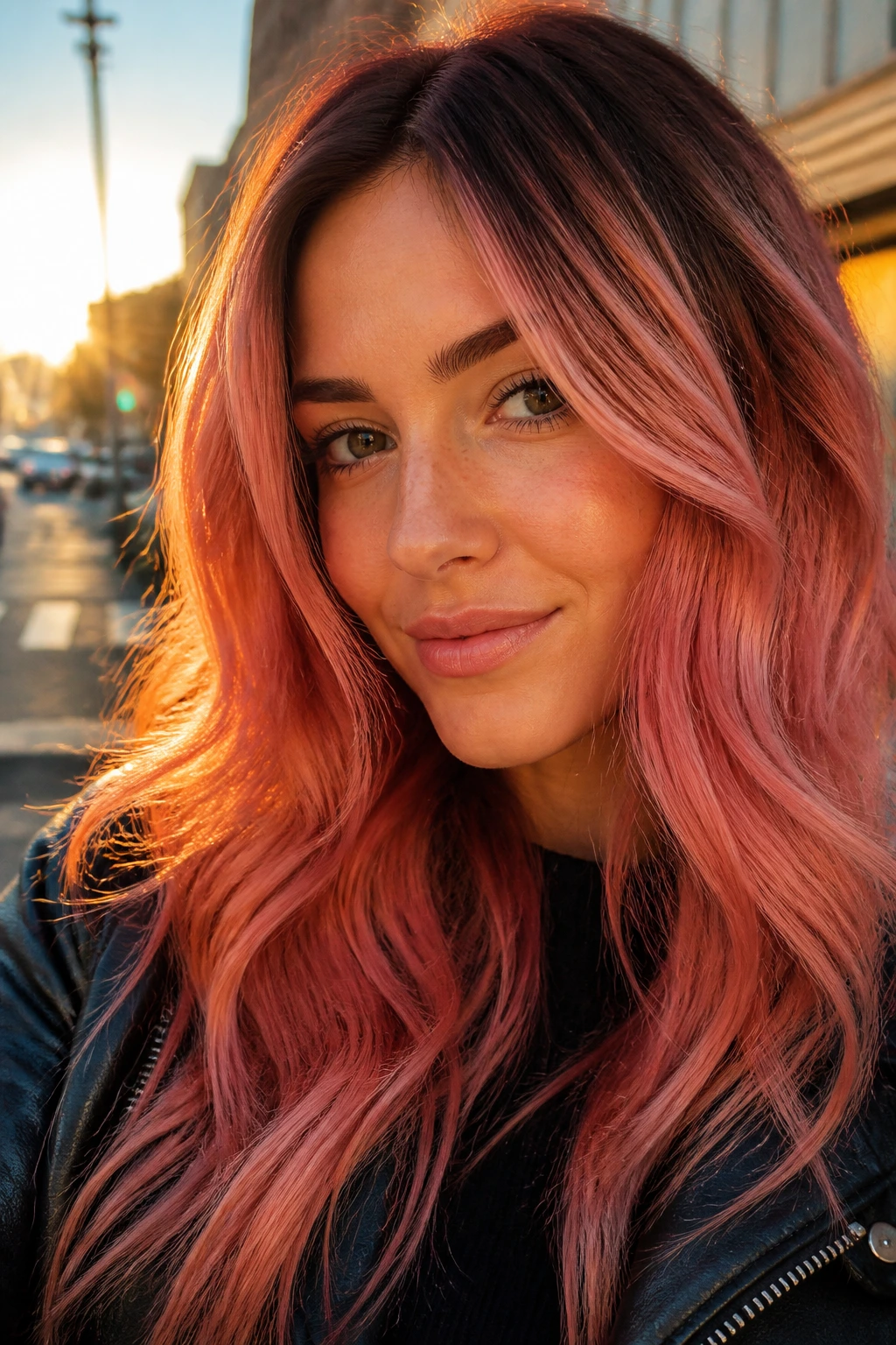 Portrait of a real person with pink copper hair blend in warm outdoor light.