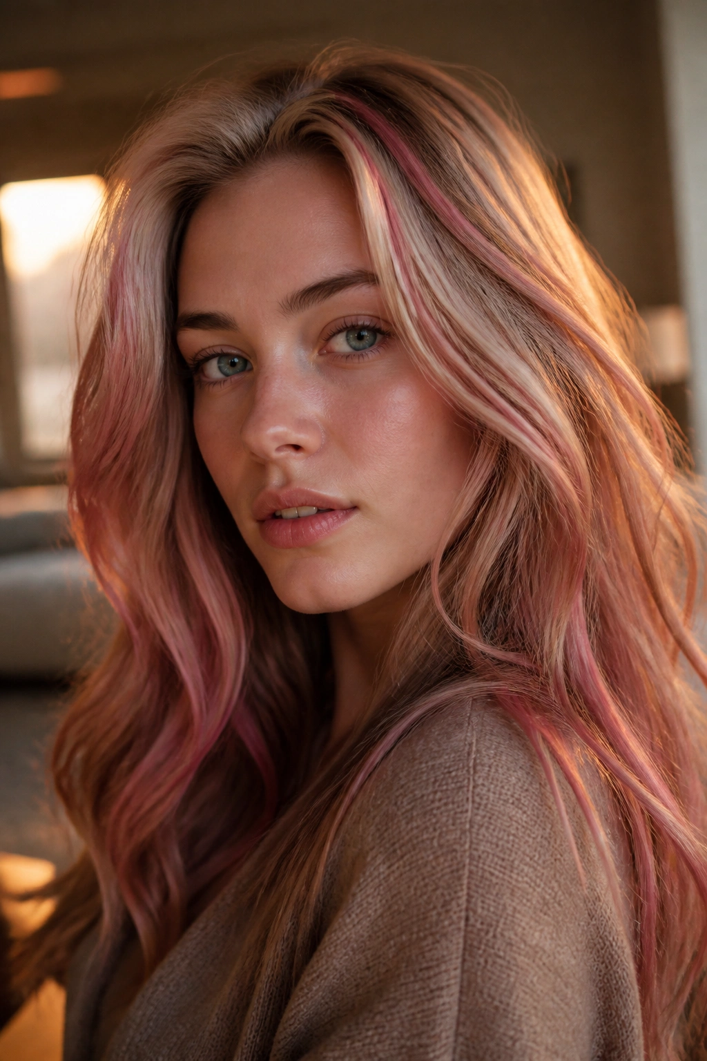 Close-up portrait of a real woman with Pink Copper Ribbons in warm light