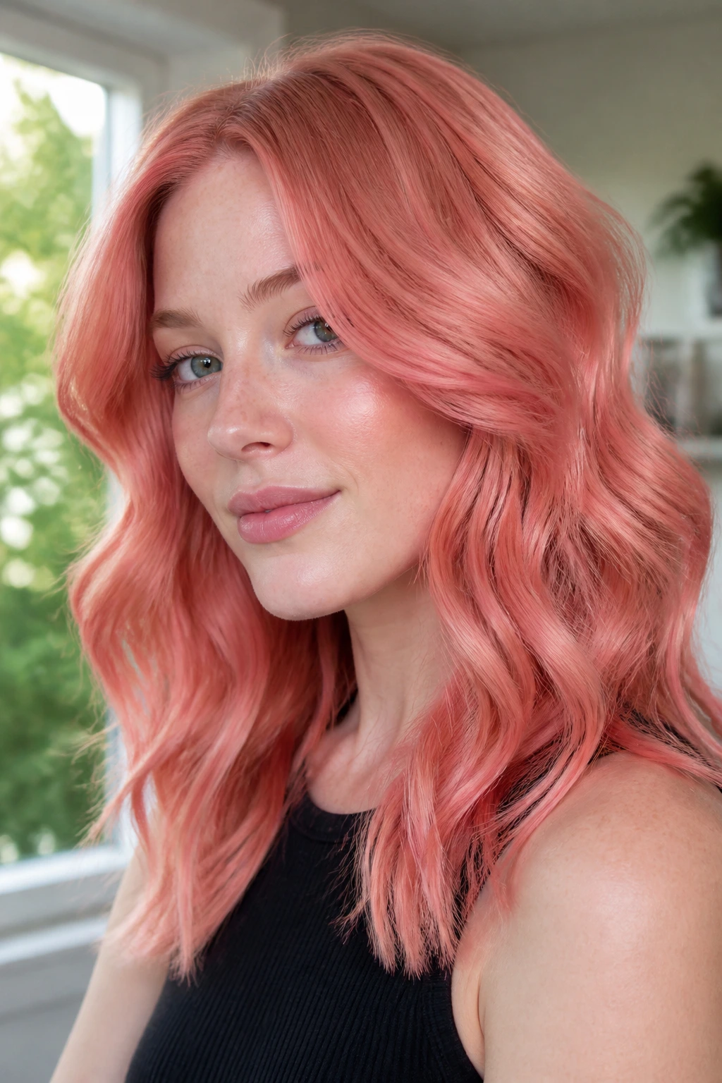 Portrait of a person with pink-coral strawberry hair and soft waves by a window.