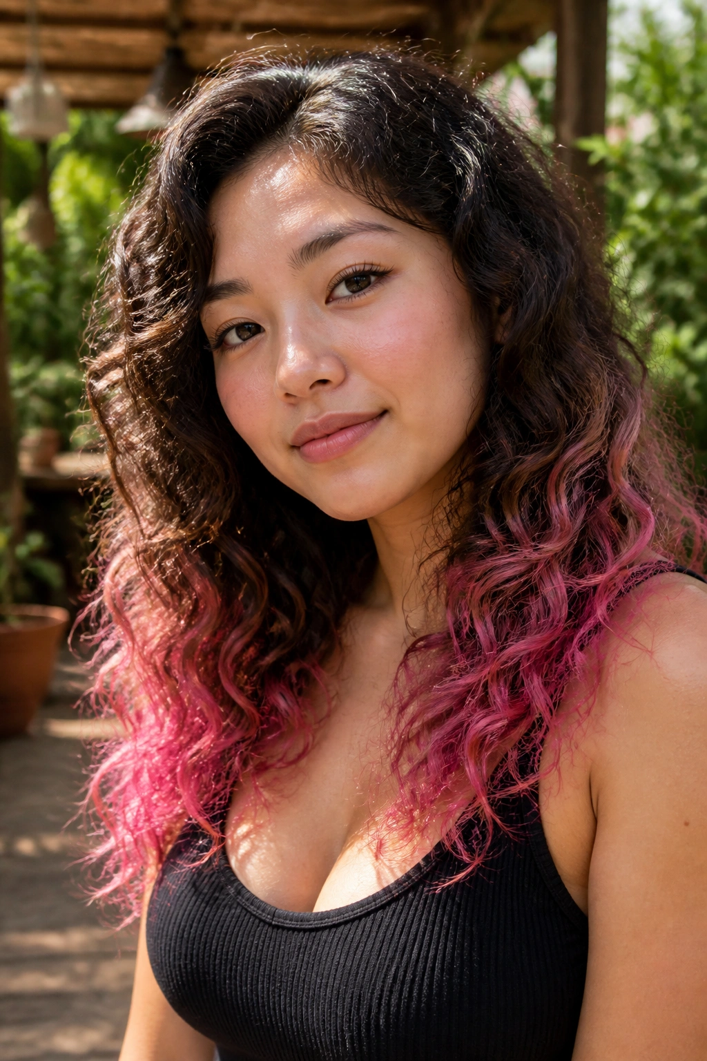 Close-up portrait of a real person showing pink dip-dyed curls from mid-lengths to ends