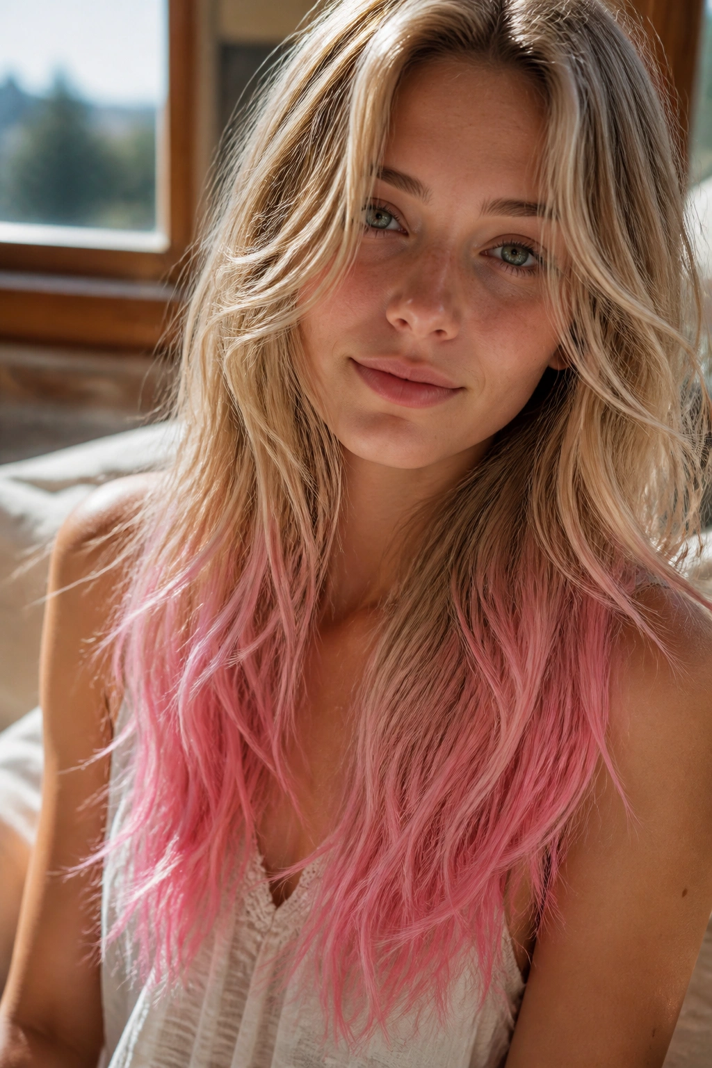 Close-up of real woman with cotton candy pink ends on long hair and soft waves