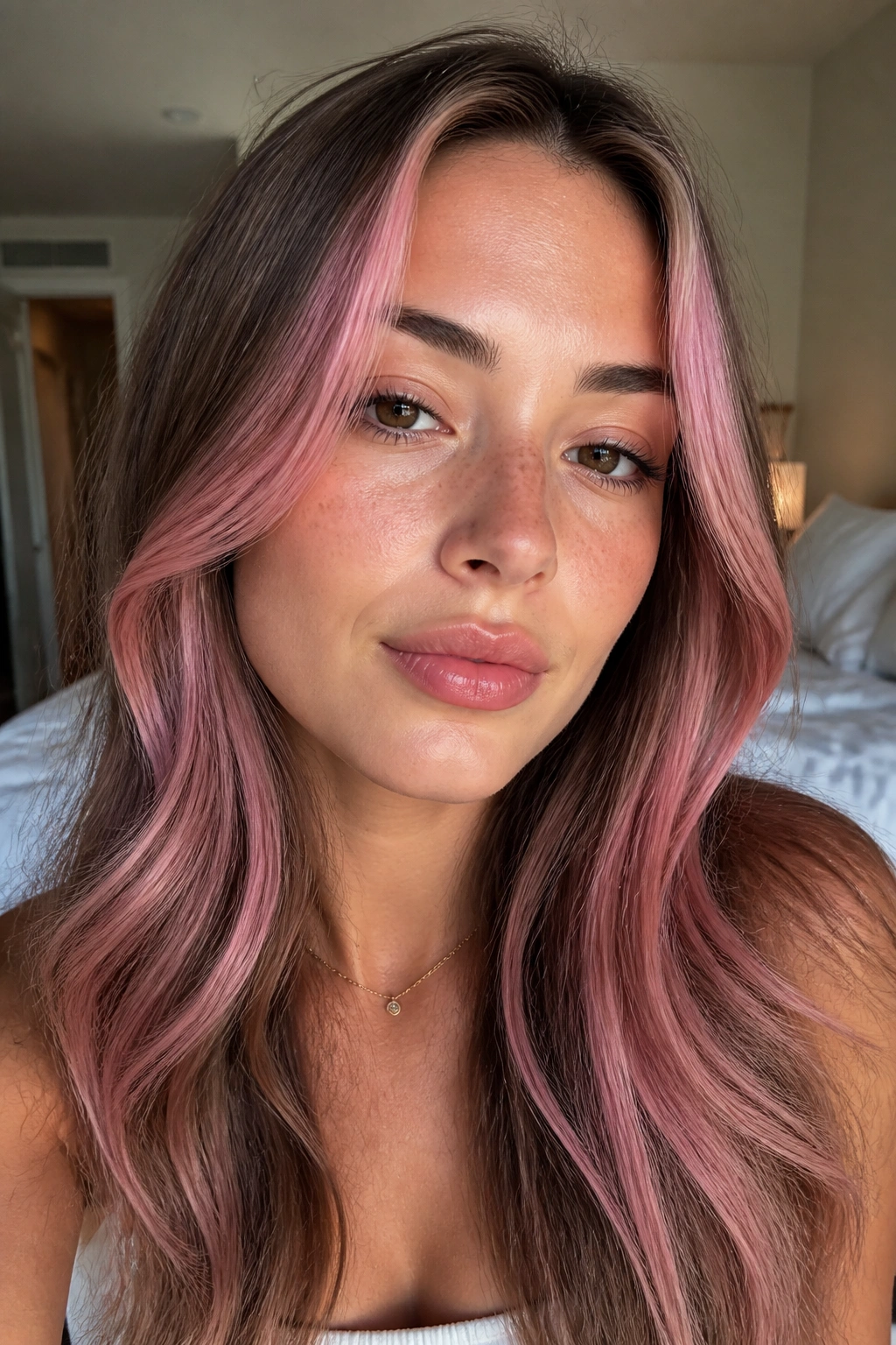 Close-up of real woman with bubblegum pink face-frame around the cheeks