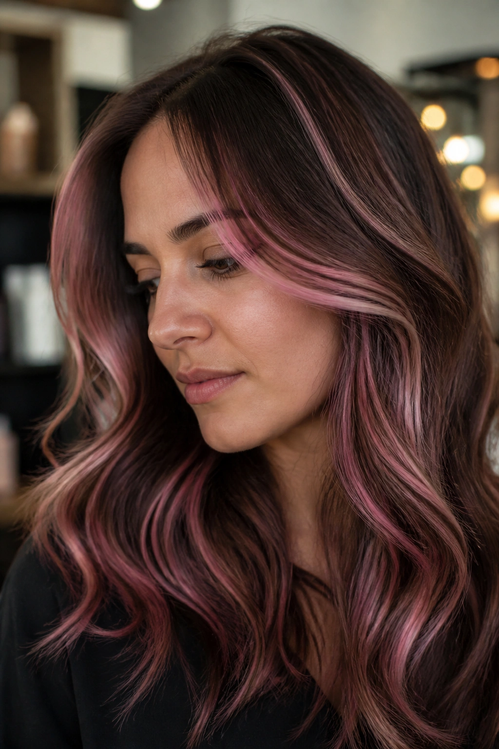 Thoughtful brunette with pink highlights in hair in a salon-like setting