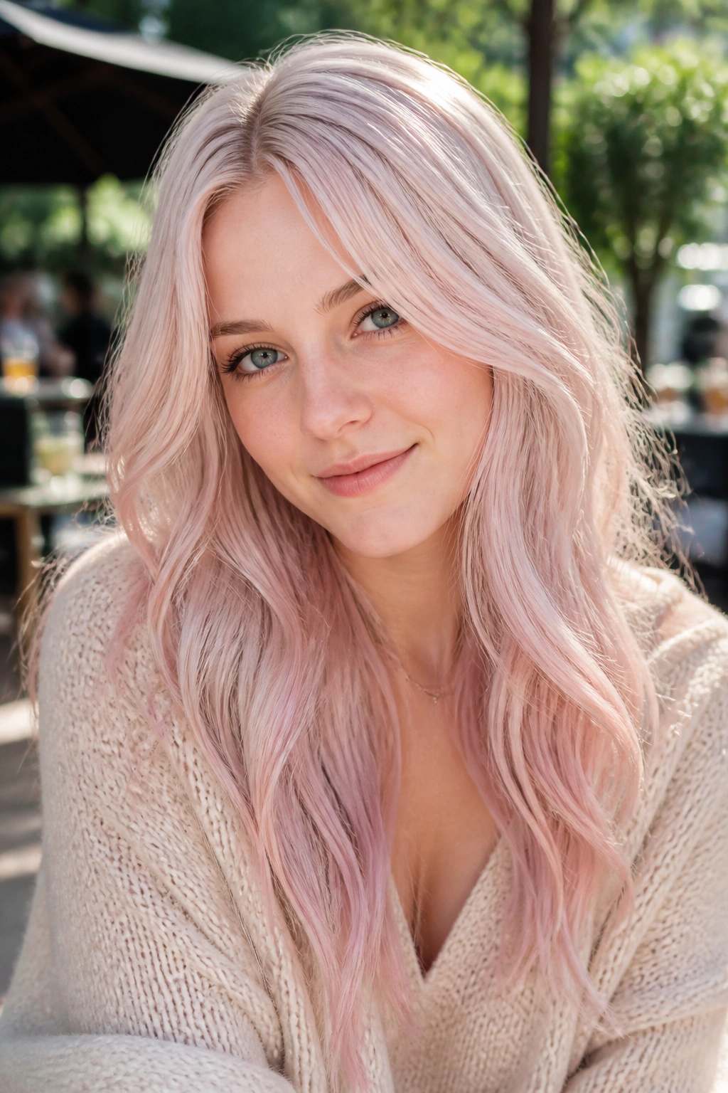 Close-up of a real woman with whisper pink ice blonde hair featuring a frost-pink embedded within blonde.