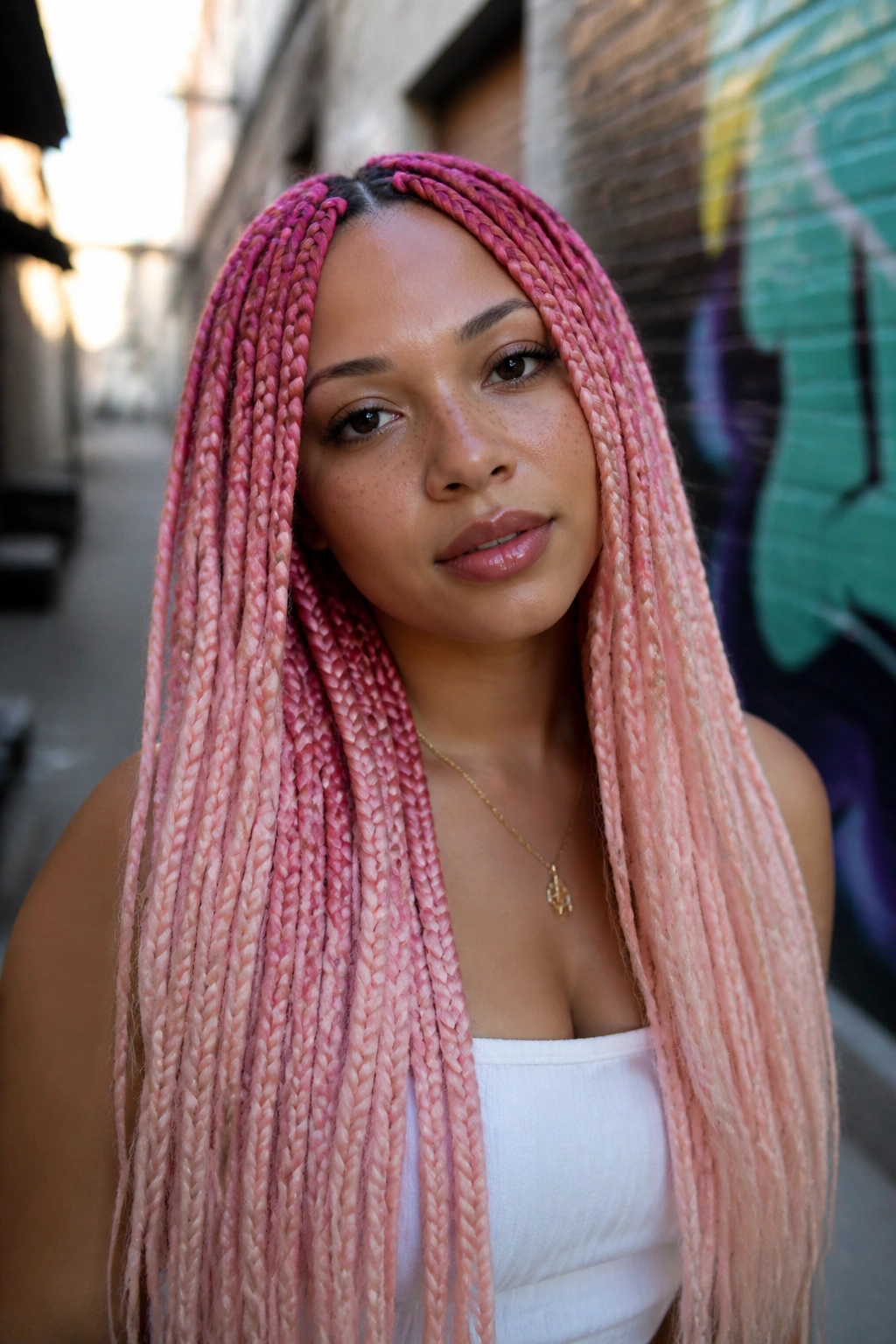 Front-facing portrait of a real person with pink ombre box braids