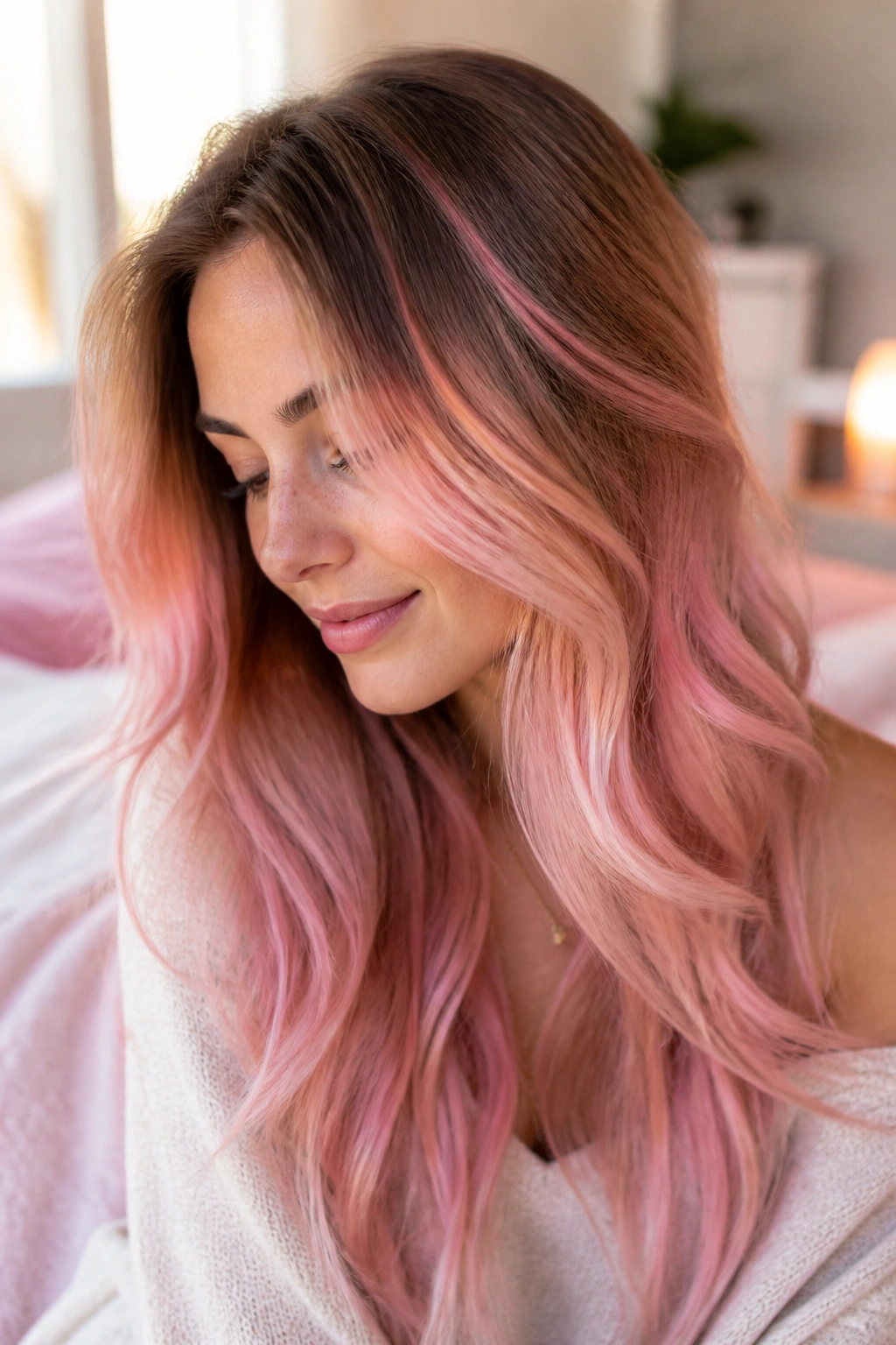 Close-up of real woman with soft rose-quartz ombre on long hair and subtle root shadow