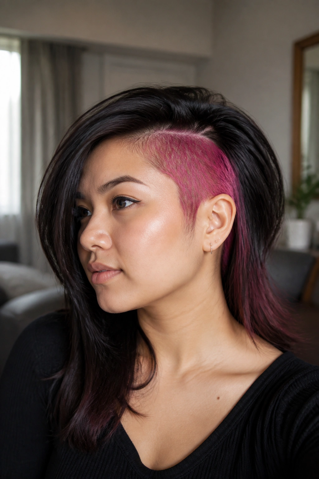 Portrait of a real person with pink peekaboo undercut